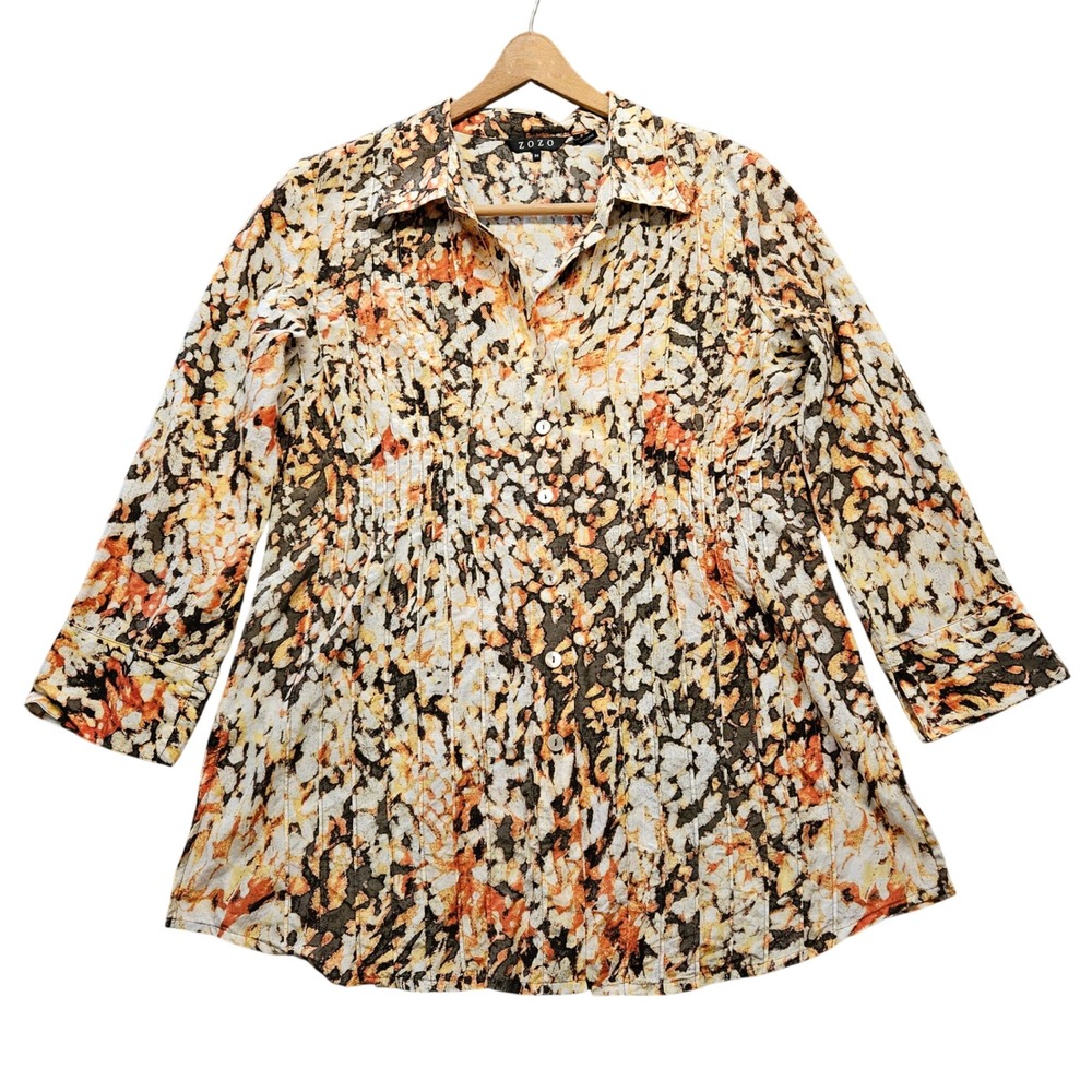 Zozo Women Orange Yellow Abstract Print Cotton Silk Blend Pintuck Tunic Top‎ M
